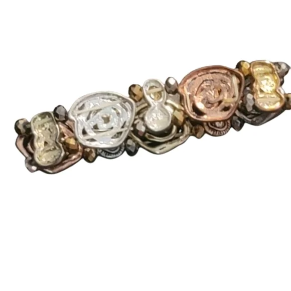 Vintage bracelets 2 copper tone metal abalone stretchy art noveau - Picture 8 of 14